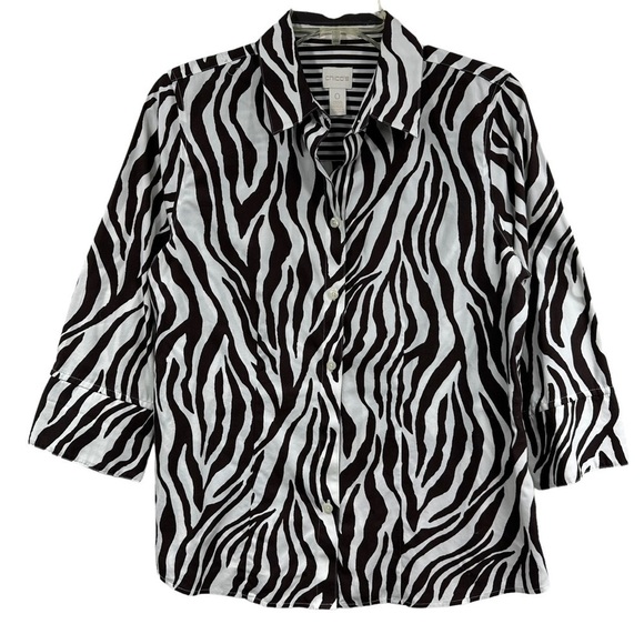 Chico’s Brown White Zebra Print 3/4 Sleeve Blouse, Size 0 - Picture 2 of 14